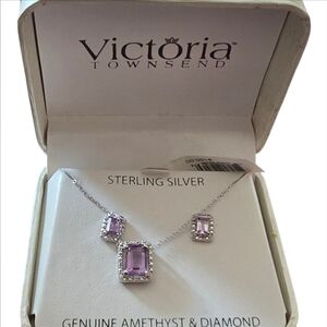 Genuine Amethyst & Diamond Necklace 18" L. & Stud Earring (Appox 1/4") Set